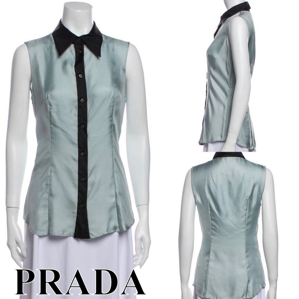 🚫SOLD🚫 Prada Ice Blue & Black Sleeveless Blouse IT 42 EUC